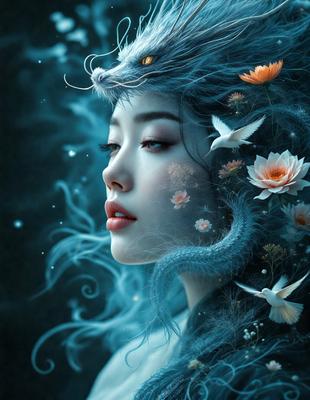 The primary subject of the image is a woman with long hair, who is wearing a black dress and has a blue snake wrapped around her head. She is surrounded by a variety of flowers, including white and orange ones, which are scattered throughout the scene. The setting appears to be a dark, moody environment, possibly a forest or a nighttime scene. The visual style of the image is a combination of digital art and illustration, creating a surreal and dreamy atmosphere. The dominant colors in the image are blue, black, and white, with the orange flowers adding a pop of color to the scene.